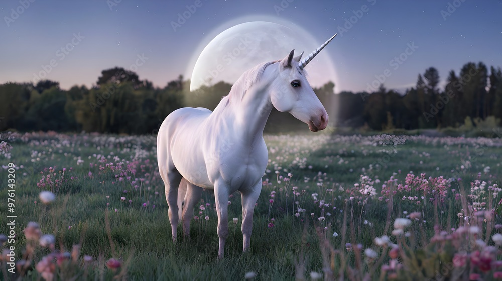 Obraz premium A Striking Unicorn Stands Tall in a Moonlit Meadow, Its Gleaming Silver Horn Glowing