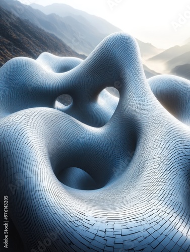 Abstract, sculptural forms resembling organic structures in a landscape. photo