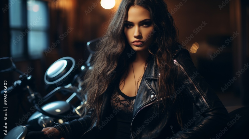 Biker girl in a leather jacket on a motorcycle looking at the sunset. Neural network ai generated art Biker girl in a leather jacket on a motorcycle looking at the sunset. Neural network ai generated art