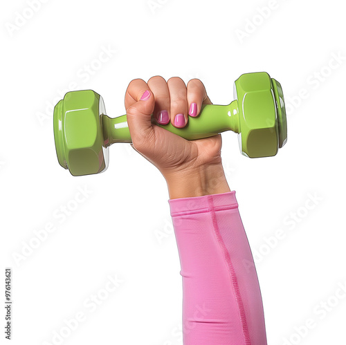 A person raises a green dumbbell during a fitness routine in a bright indoor setting in the morning light photo