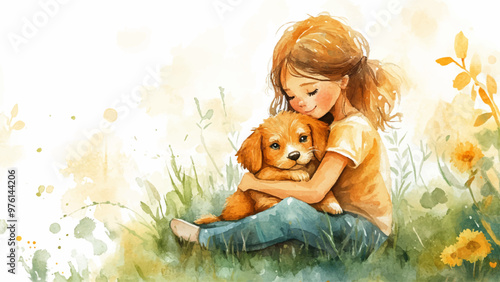 Little Girl Sits On Lawn And Cuddles Puppy Watercolor Illustration For Childrens Book Adorable Character Playful Lawn Scene Kids Storybook Tender Moment