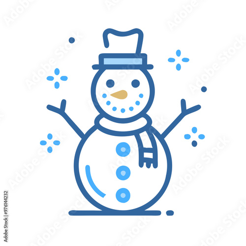 Cheerful blue snowman icon with hat and scarf in minimalistic style on white background