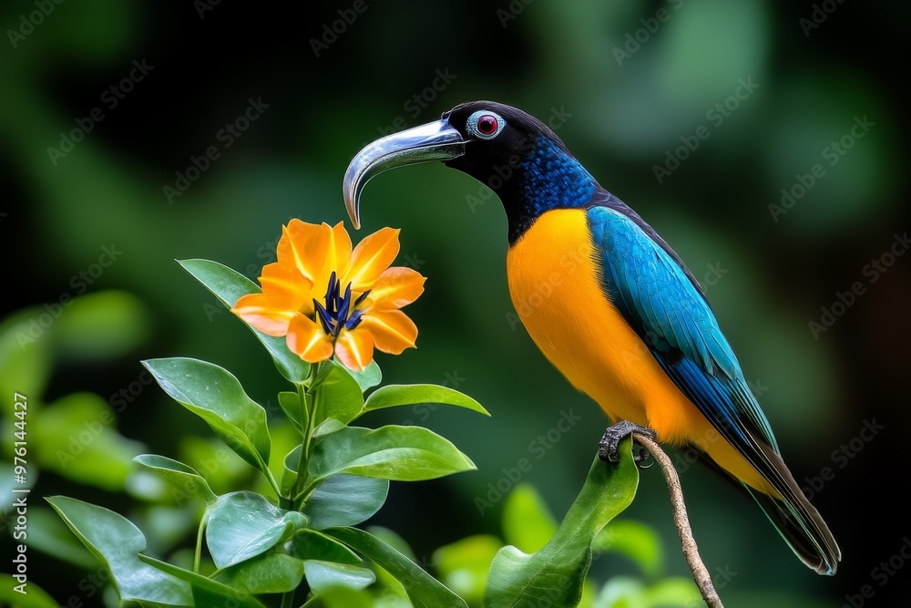 A bird of paradise showing off its radiant feathers, while its curved beak gently touches a nearby flower A bird of paradise showing off its radiant feathers, while its curved beak gently touches a nearby flower