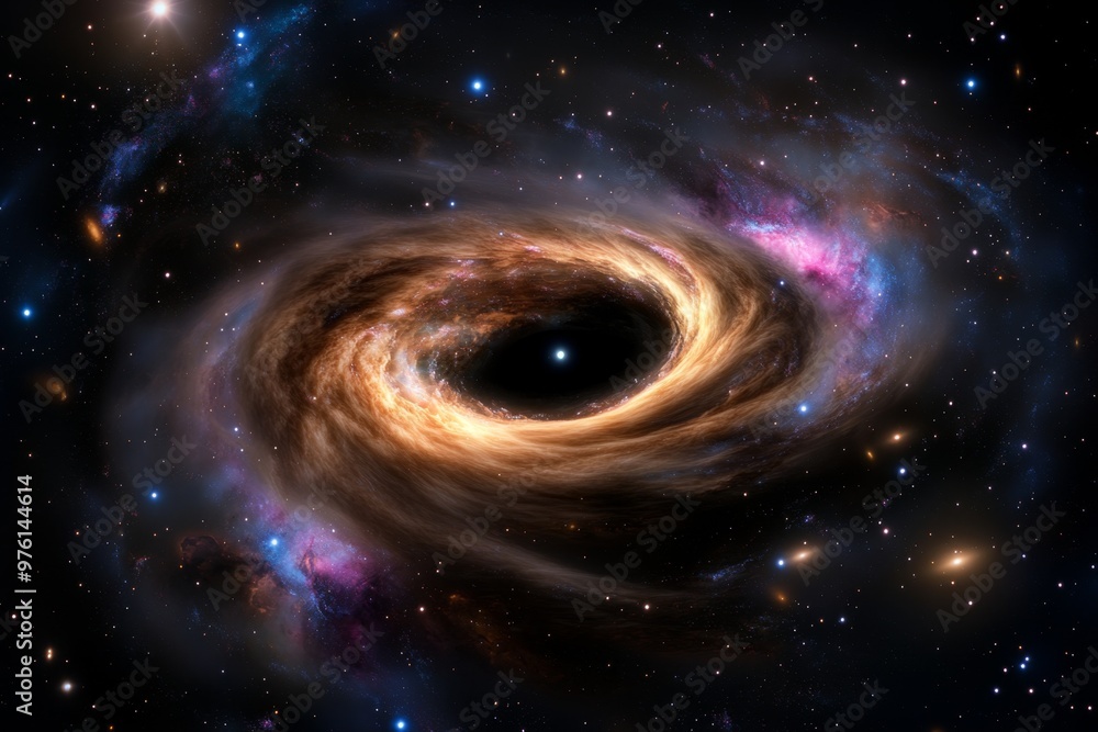 A black hole at the center of a galaxy, pulling in stars and gas with immense gravitational force A black hole at the center of a galaxy, pulling in stars and gas with immense gravitational force