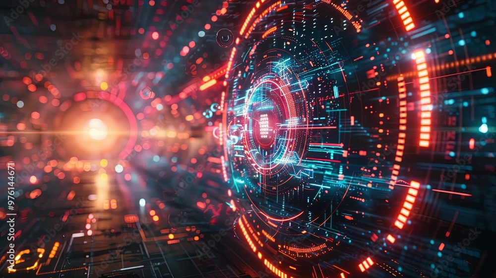 Abstract digital interface with glowing red and blue lines and circles Abstract digital interface with glowing red and blue lines and circles