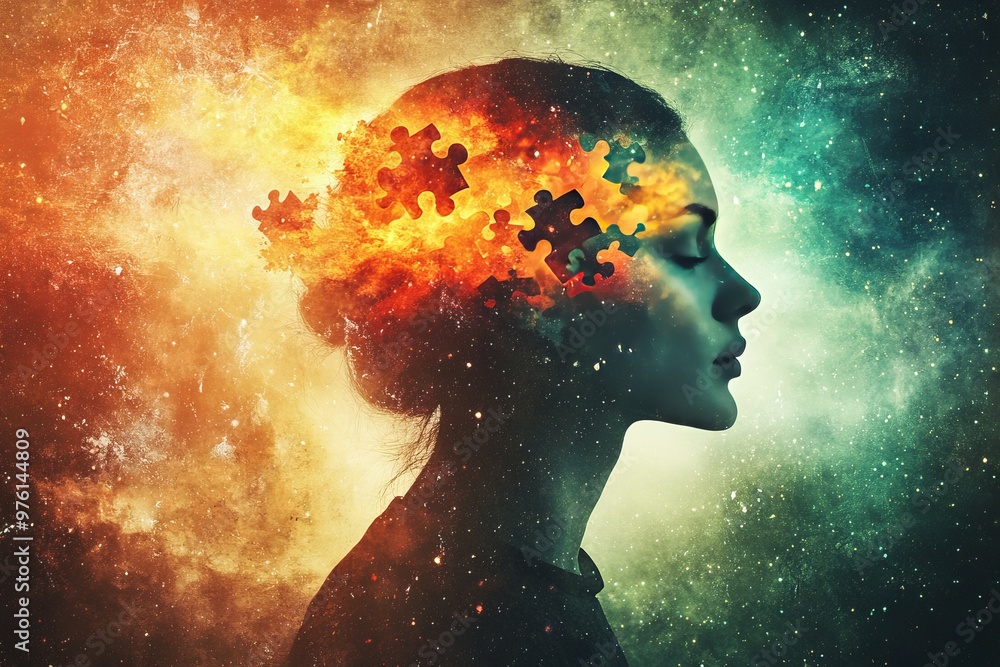 Woman with puzzle piece brain overlay in a cosmic background symbolizing the intricacies of human thought creativity and the vast universe of cognition Woman with puzzle piece brain overlay in a cosmic background symbolizing the intricacies of human thought creativity and the vast universe of cognition