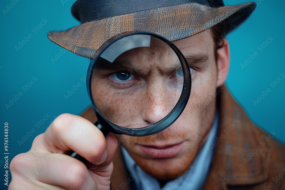 serious young detective holds a magnifying glass in his right eye serious young detective holds a magnifying glass in his right eye