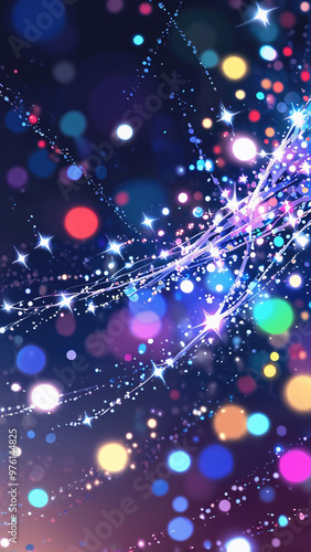 Shine like a star, vibrant colors purple and gold shiny particles and bright light sparkles effect on bokeh background, 9:16 phone wallpaper