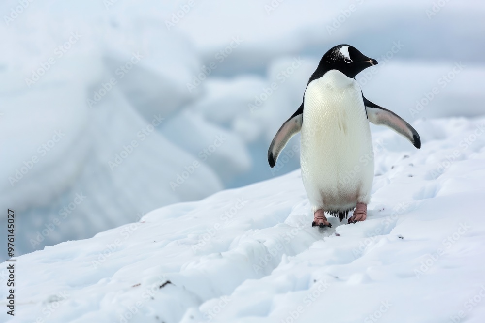 Obraz premium A penguin stands on a snowy surface, looking out into the distance