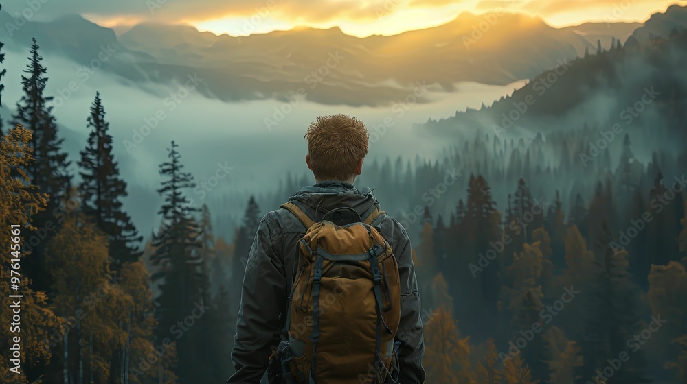 A lone hiker with a backpack stands on a mountaintop overlooking a misty forest at sunset. A lone hiker with a backpack stands on a mountaintop overlooking a misty forest at sunset.