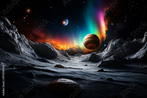 A colorful aurora on a distant planet, with gas giants and stars visible in the sky