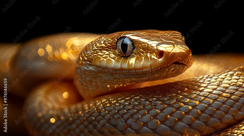 Golden snake posing on black background with scales gleaming Golden snake posing on black background with scales gleaming