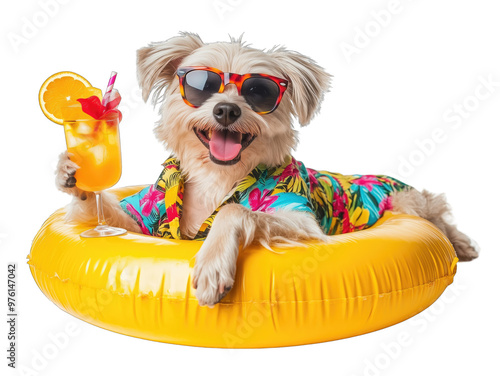 A cheerful dog wearing sunglasses relaxes in a yellow pool float while enjoying a tropical drink during summer fun