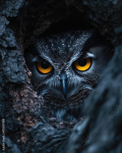 Yellow Eyes of an Owl Peering Through a Natural Wood Hole at Twilight photo