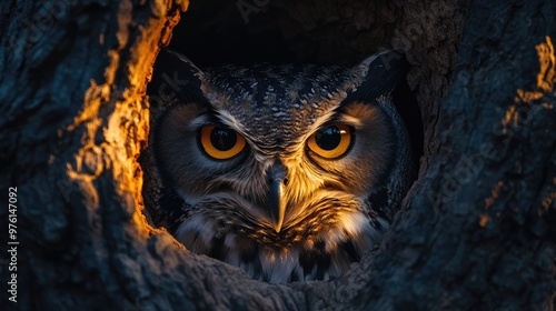 Yellow Eyes of an Owl Peering Through a Natural Wood Hole at Twilight photo