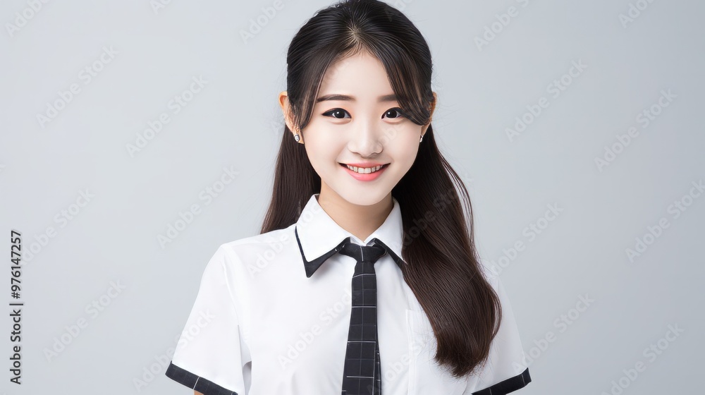 Happy pretty Asian student girl in school uniform. Neural network ai generated art Happy pretty Asian student girl in school uniform. Neural network ai generated art