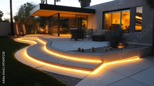 Sleek LED strip lighting enhances a modern patio and garden walkway at twilight photo