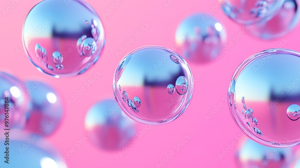 Close up of iridescent bubbles against a pink background. Close up of iridescent bubbles against a pink background.