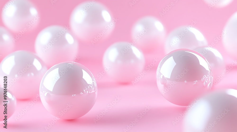 Pink glossy spheres scattered on a pink background. Pink glossy spheres scattered on a pink background.