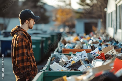 Man looking at overflowing recycling bins outdoors