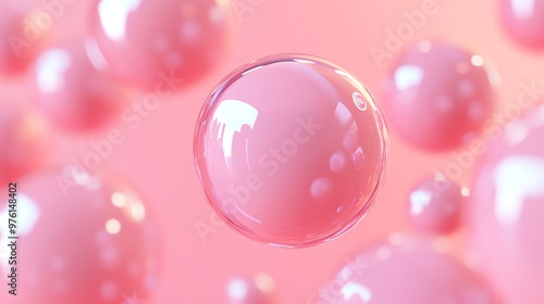 Pink translucent spheres float against a soft pink background.