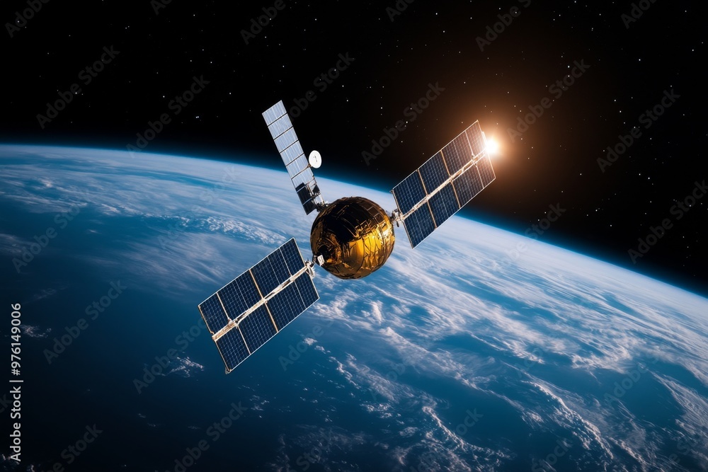 A lone satellite orbiting a planet, with solar panels gleaming against the blackness of space A lone satellite orbiting a planet, with solar panels gleaming against the blackness of space