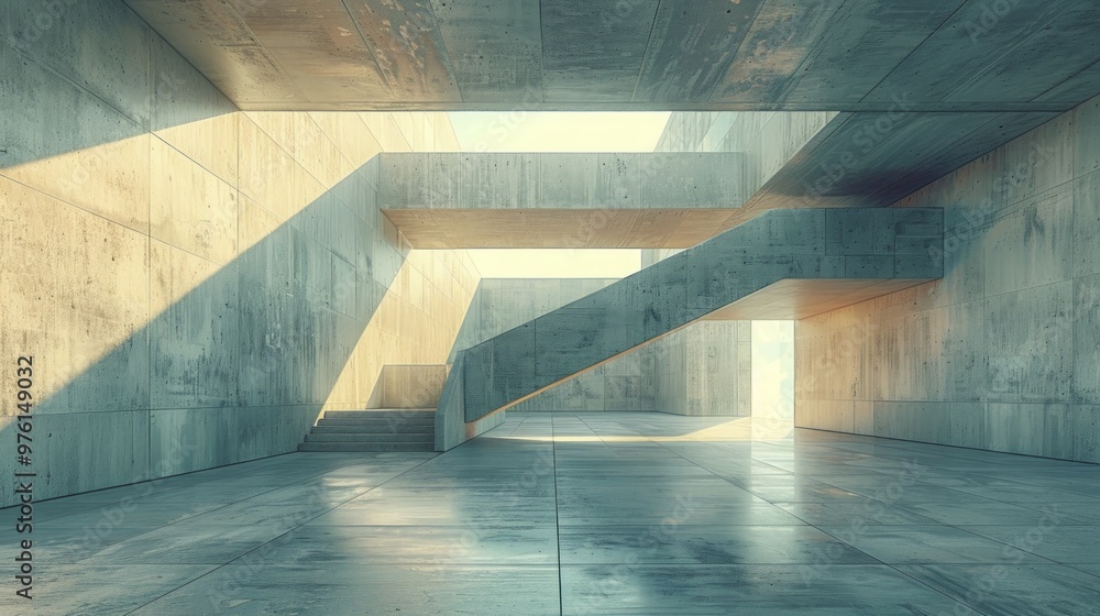 Obraz premium Abstract empty interior of modern concrete room with sharp lines and angular walls. 3D rendering, 