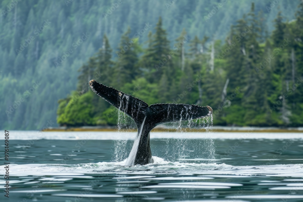 Obraz premium A humpback whale, known for its haunting songs, gracefully gliding through the water, its fluke rising and falling in a rhythmic dance