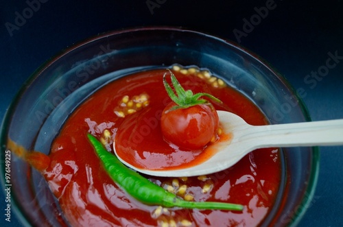 homemade adjika spicy tomato ketchup with chili pepper cherry tomatoes photo