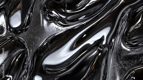 Abstract black and white liquid background with smooth, flowing lines.
