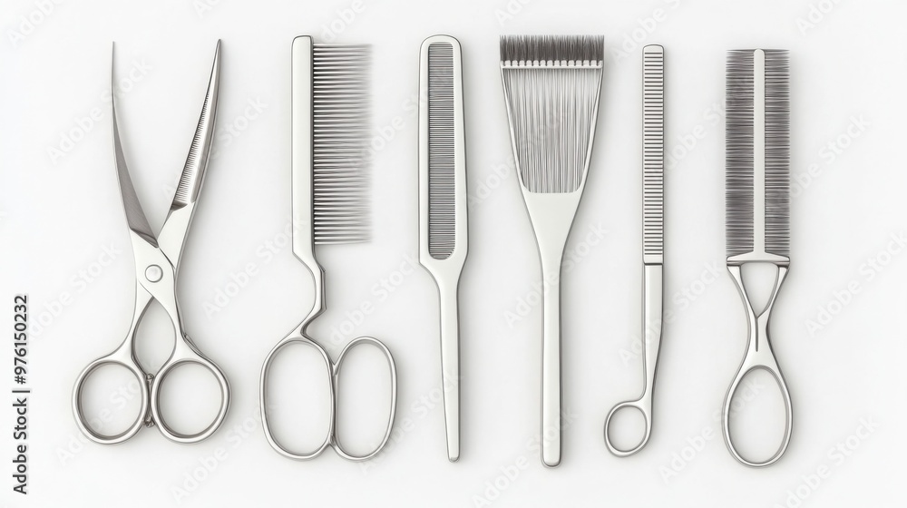 a set of pet grooming scissors and clippers, hygiene tools for pets, sleek 3D render, professional look, isolated on white background a set of pet grooming scissors and clippers, hygiene tools for pets, sleek 3D render, professional look, isolated on white background