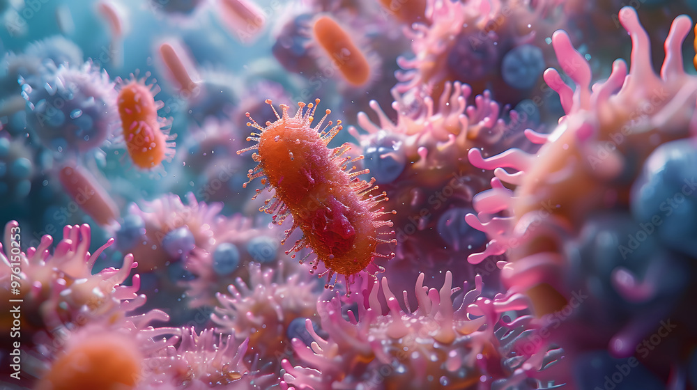 A highly detailed, colorful microscopic view of various bacteria and microorganisms, highlighting their complex structures in a vibrant, abstract environment A highly detailed, colorful microscopic view of various bacteria and microorganisms, highlighting their complex structures in a vibrant, abstract environment
