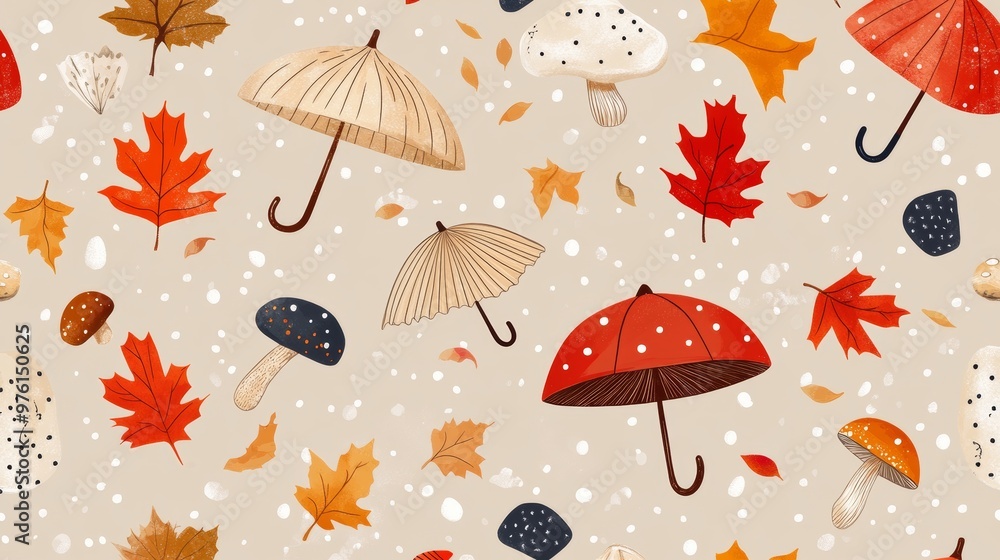 Autumn seamless pattern with umbrellas and mushrooms falling leaves Autumn seamless pattern with umbrellas and mushrooms falling leaves