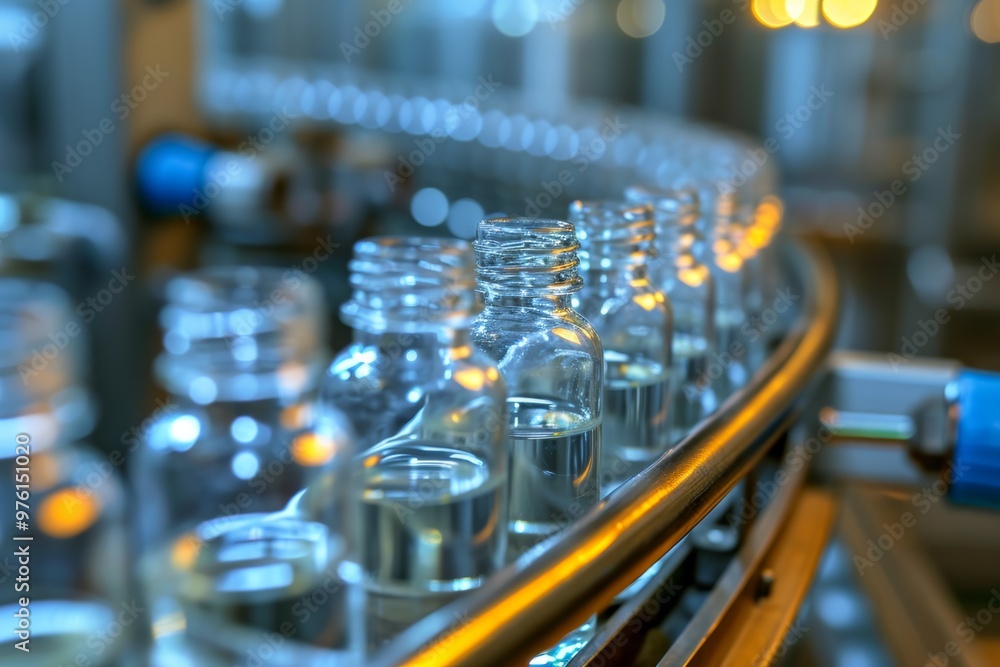 An assembly line showcases clear glass vials being filled with a liquid substance inside a manufacturing facility. The setting is bright and organized An assembly line showcases clear glass vials being filled with a liquid substance inside a manufacturing facility. The setting is bright and organized