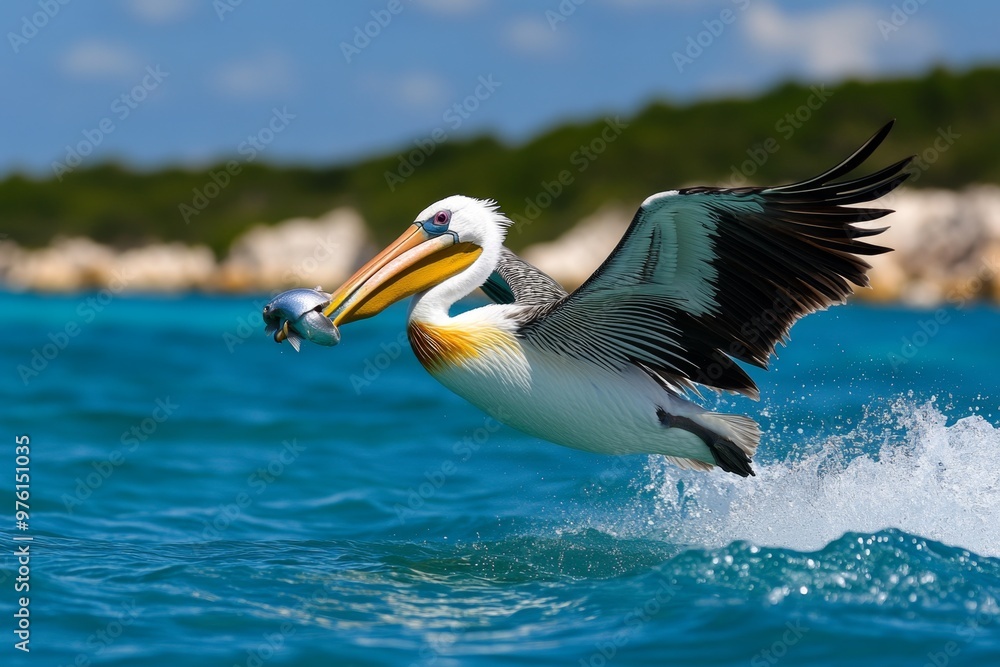 Fototapeta premium A pelican diving into the ocean, its large beak scooping up fish while its wings and feathers cut through the waves