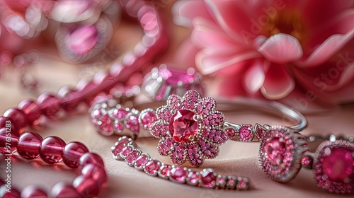 Pink Gemstone Jewelry with Blurred Flower Background