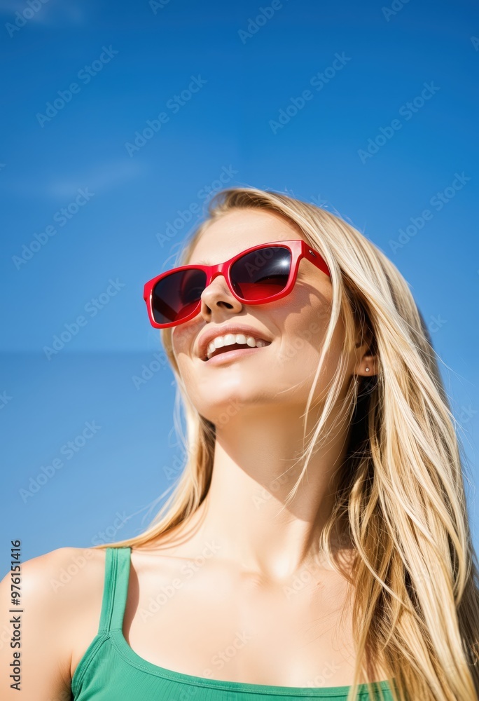 Smiling Woman in Red Sunglasses Enjoying a Sunny Day Smiling Woman in Red Sunglasses Enjoying a Sunny Day
