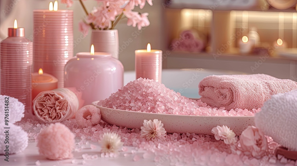 Spa-like Setting with Pink Bath Salts, Candles, and Towels Spa-like Setting with Pink Bath Salts, Candles, and Towels