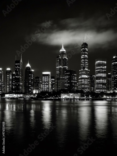 High-Contrast Black and White Cityscape at Night