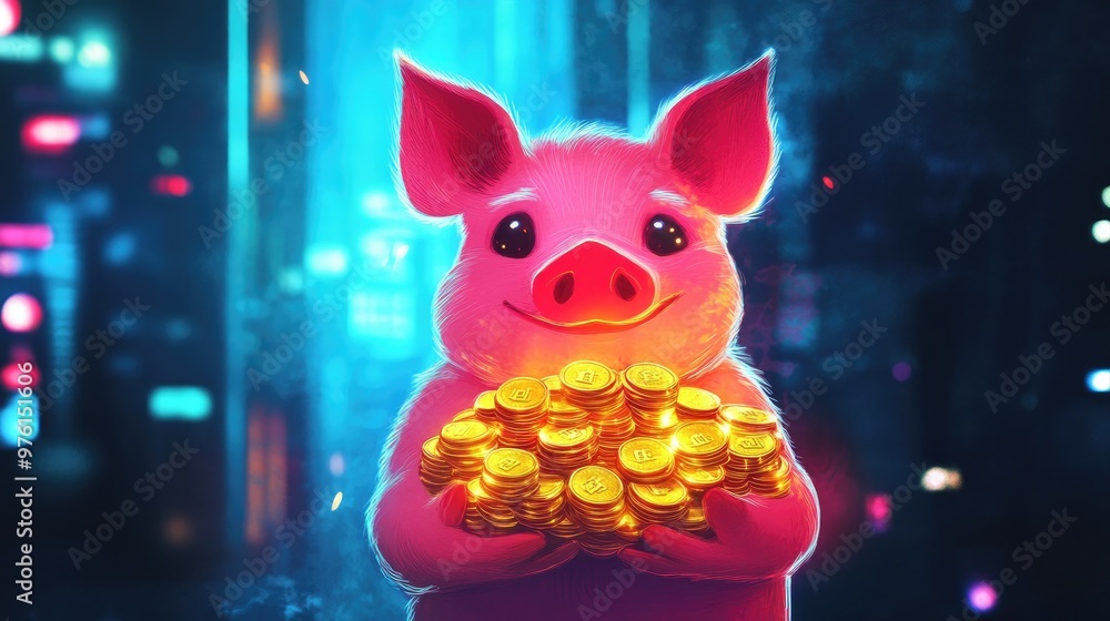 A happy pink pig holds a large pile of gold coins in front of a futuristic cityscape. A happy pink pig holds a large pile of gold coins in front of a futuristic cityscape.