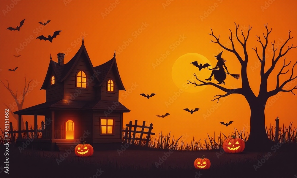 Halloween, haunted house, carved pumpkins, bats flying, witch on broomstick, orange background Halloween, haunted house, carved pumpkins, bats flying, witch on broomstick, orange background