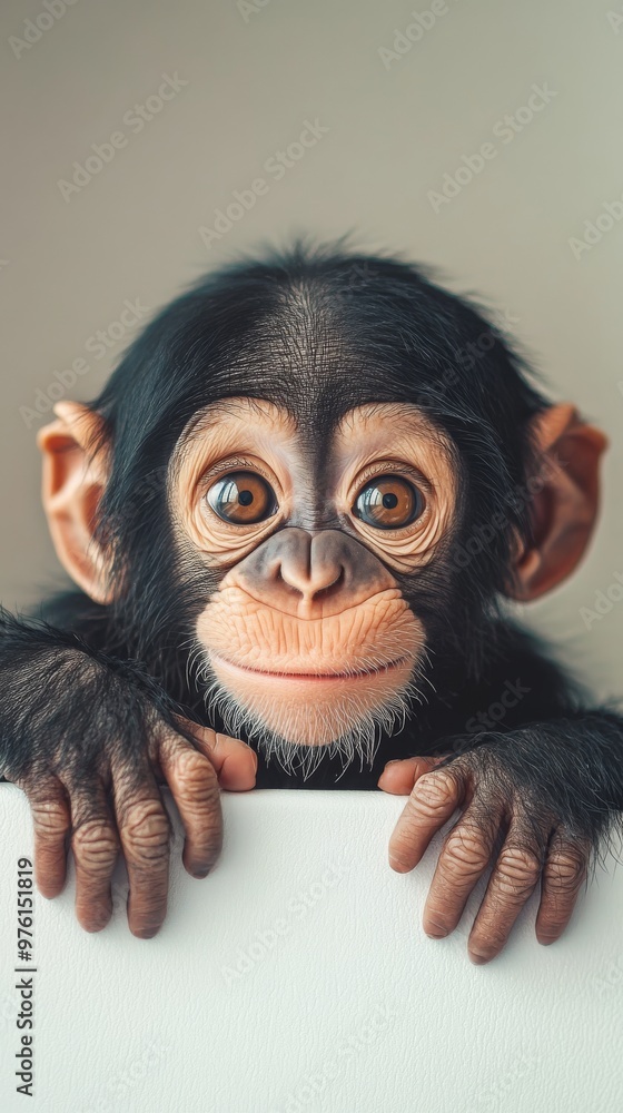 Adorable baby chimpanzee smiling and holding a blank surface Adorable baby chimpanzee smiling and holding a blank surface