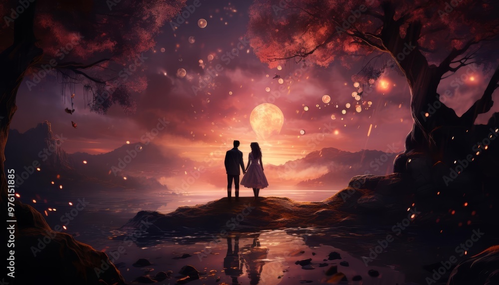 Fototapeta premium A romantic illustration of a proposal under a spectacular moonlit sky