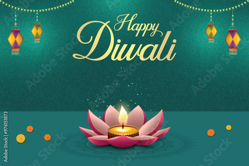 Happy Diwali Banner With Flower Shaped Diya And Hanging Paper Lantern Lights On Turquoise Background. Festival of Lights Concept.