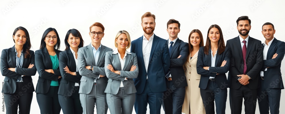 A diverse group of 16 individuals, dressed in business attire, stand in a line against a white background, with some smiling and others looking serious A diverse group of 16 individuals, dressed in business attire, stand in a line against a white background, with some smiling and others looking serious