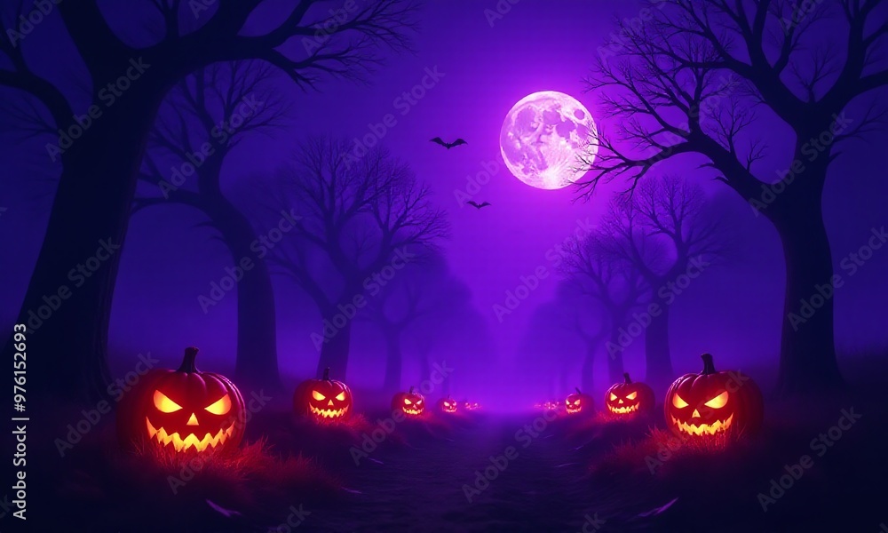 Fototapeta premium haunted forest, glowing jack-o'-lanterns, eerie purple night sky