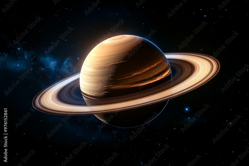 A ringed planet slowly rotating, with its rings casting shadows on its surface A ringed planet slowly rotating, with its rings casting shadows on its surface