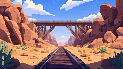Railroad Bridge Between Cliffs In Desert Cartoon Illustration For Childrens Book Scenic Railroad Bridge Colorful Desert Cliffs Dramatic Landscape Kids Storybook Adventure
