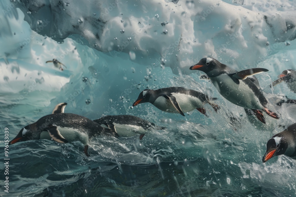 Obraz premium A group of gentoo penguins diving into the icy waters of a glacial bay, their streamlined bodies slicing through the water in search of fish