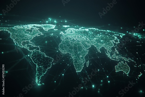 Digital world map showcasing global network connections with glowing lines and data flow nodes